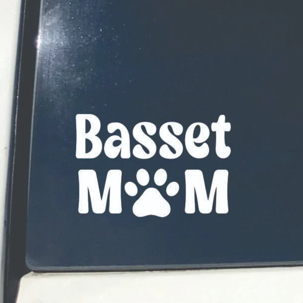 White Basset Hound Dog Mom Vinyl Window Decal